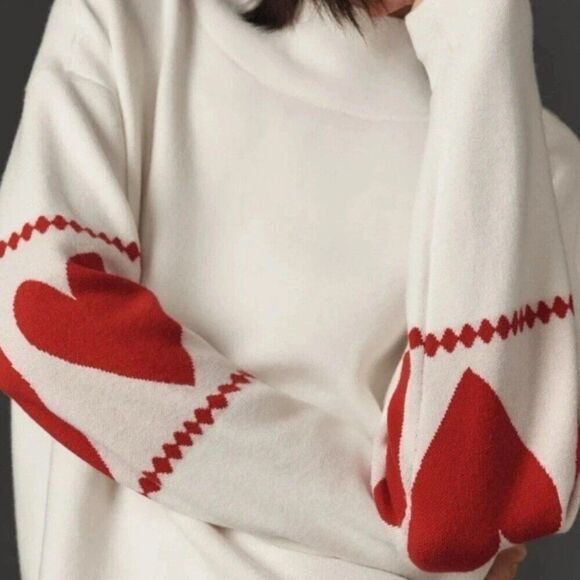 Anthropologie Maeve CARYS Mock Neck Sweater Womens Medium M Red Hearts Oversized - Picture 3 of 13